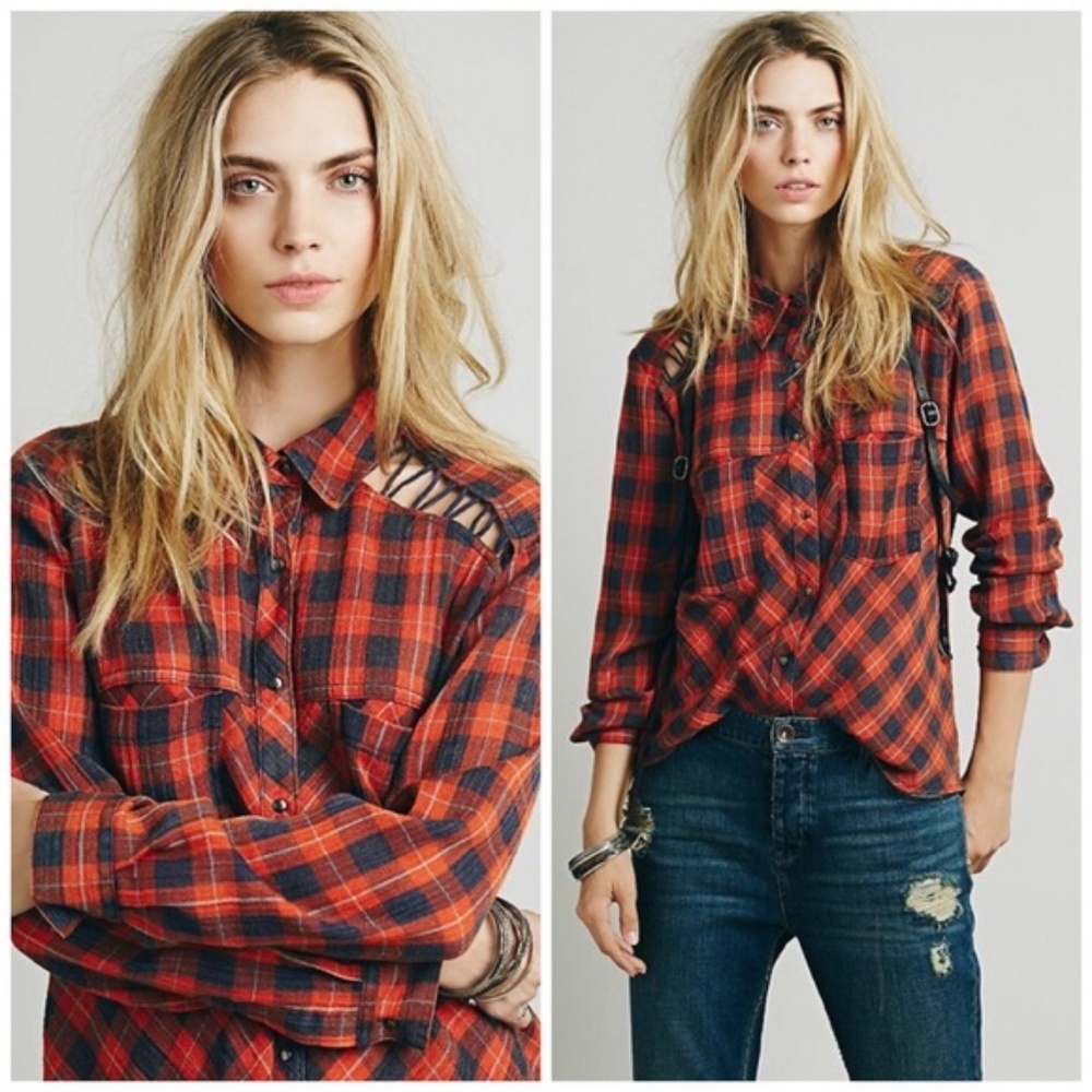 Free People Gauzy Plaid Lace Up Button Down Top XS